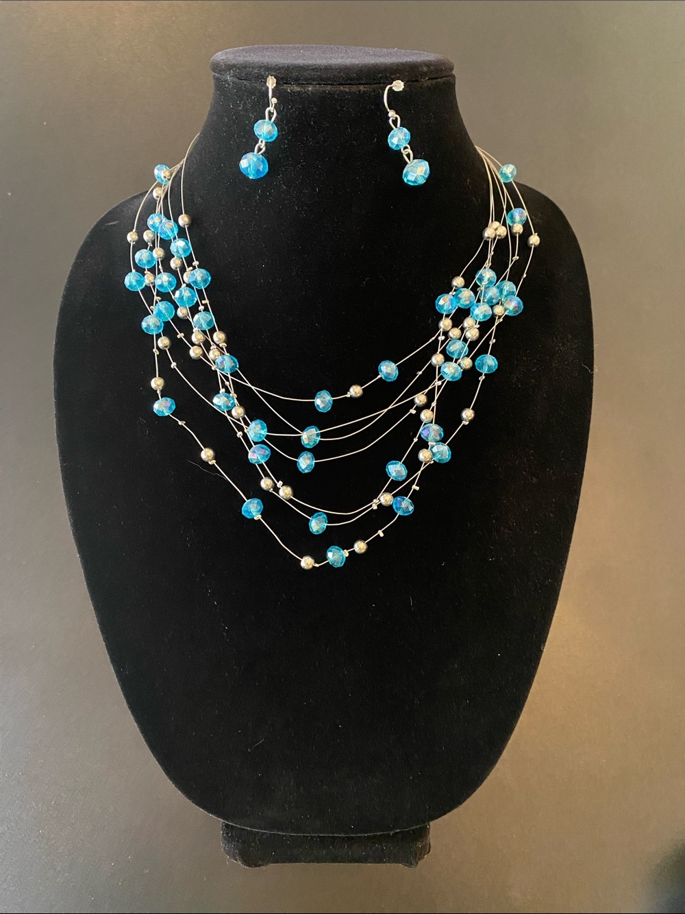 Plastic Aqua Blue Multi-strand Necklace with Matching Earrings